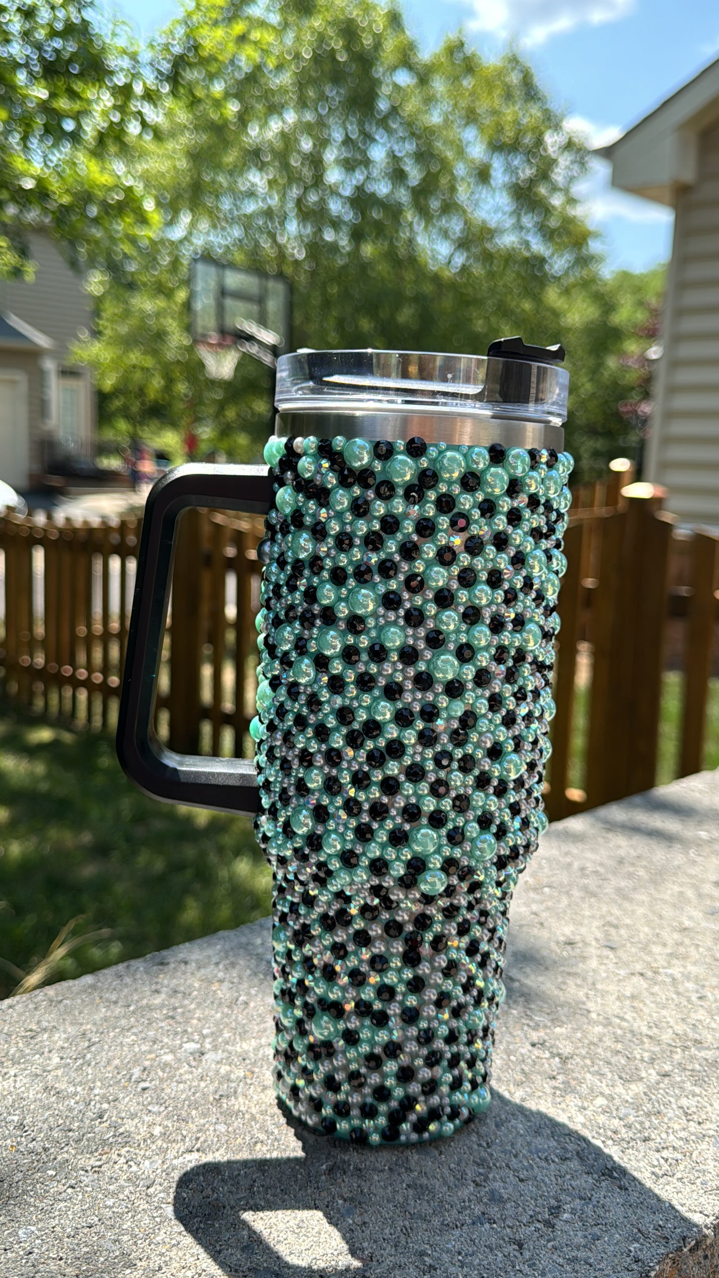 Unique Handmade Decorative Tumbler with Clear Straw Black Green Rhinestone