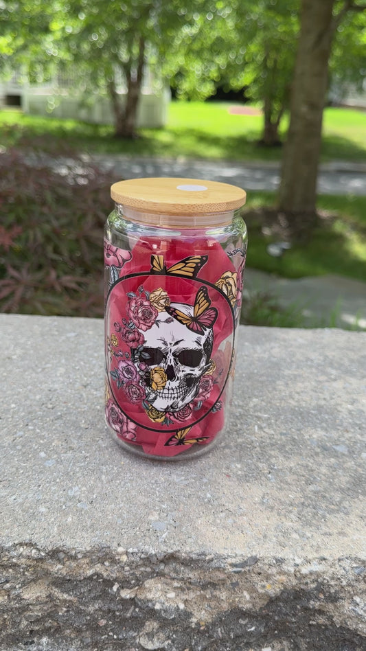 Flower Head Skull -Glass Cup 16oz